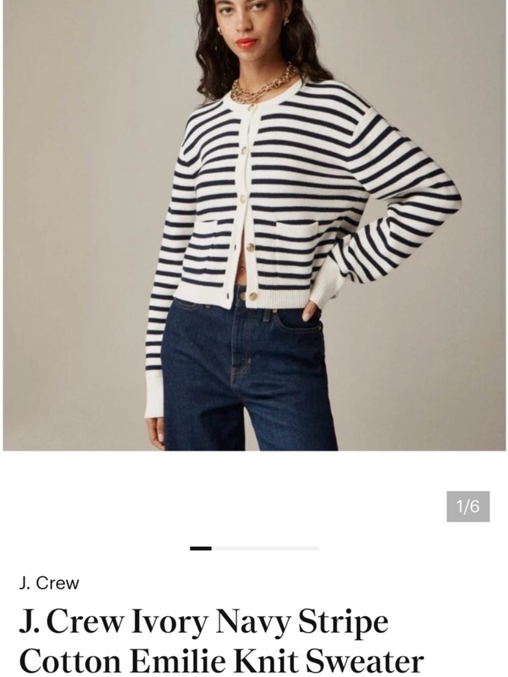 J. Crew Classic Emilie Ivory and Navy Striped Lady Cardigan